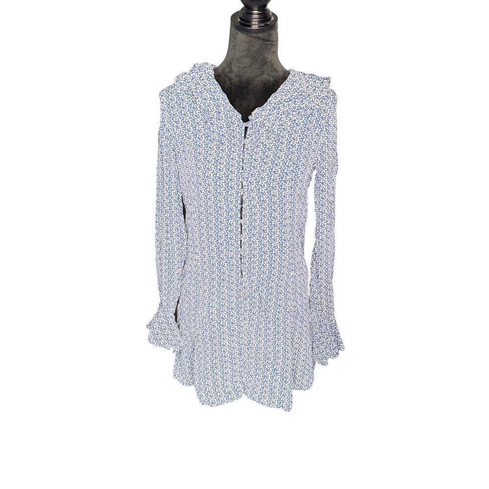 What Goes Around Comes Around Women's sz Large Blue Ruffle Dress Midi LS